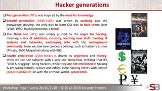 Workshop Riga – Latvia 26/10/2018 – © 2012-2018 Security Brokers
Hacker generations
 First generation (70’s) was inspired...