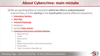 Workshop Riga – Latvia 26/10/2018 – © 2012-2018 Security Brokers
About Cybercrime: main mistake
 We are speaking about an...
