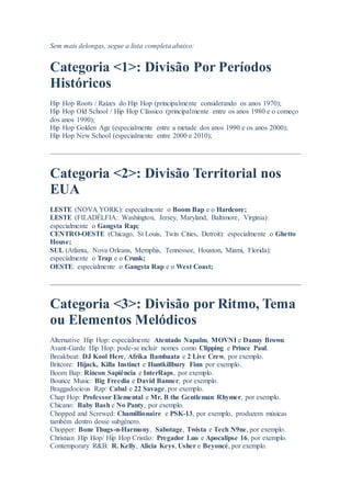 Sem mais delongas, segue a lista completa abaixo:
Categoria <1>: Divisão Por Períodos
Históricos
Hip Hop Roots / Raízes do Hip Hop (principalmente considerando os anos 1970);
Hip Hop Old School / Hip Hop Clássico (principalmente entre os anos 1980 e o começo
dos anos 1990);
Hip Hop Golden Age (especialmente entre a metade dos anos 1990 e os anos 2000);
Hip Hop New School (especialmente entre 2000 e 2010);
Categoria <2>: Divisão Territorial nos
EUA
LESTE (NOVA YORK): especialmente o Boom Bap e o Hardcore;
LESTE (FILADÉLFIA: Washington, Jersey, Maryland, Baltimore, Virginia):
especialmente o Gangsta Rap;
CENTRO-OESTE (Chicago, St Louis, Twin Cities, Detroit): especialmente o Ghetto
House;
SUL (Atlanta, Nova Orleans, Memphis, Tennessee, Houston, Miami, Florida):
especialmente o Trap e o Crunk;
OESTE: especialmente o Gangsta Rap e o West Coast;
Categoria <3>: Divisão por Ritmo, Tema
ou Elementos Melódicos
Alternative Hip Hop: especialmente Atentado Napalm, MOVNI e Danny Brown.
Avant-Garde Hip Hop: pode-se incluir nomes como Clipping e Prince Paul.
Breakbeat: DJ Kool Herc, Afrika Bambaata e 2 Live Crew, por exemplo.
Britcore: Hijack, Killa Instinct e Huntkillbury Finn por exemplo.
Boom Bap: Rincon Sapiência e InterRaps, por exemplo.
Bounce Music: Big Freedia e David Banner, por exemplo.
Braggadocious Rap: Cabal e 22 Savage, por exemplo.
Chap Hop: Professor Elemental e Mr. B the Gentleman Rhymer, por exemplo.
Chicano: Baby Bash e No Panty, por exemplo.
Chopped and Screwed: Chamillionaire e PSK-13, por exemplo, produzem músicas
também dentro desse subgênero.
Chopper: Bone Thugs-n-Harmony, Sabotage, Twista e Tech N9ne, por exemplo.
Christian Hip Hop/ Hip Hop Cristão: Pregador Luo e Apocalipse 16, por exemplo.
Contemporary R&B: R. Kelly, Alicia Keys, Usher e Beyoncé, por exemplo.
 