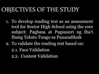 Development and Validation of Filipino Reading Test for Senior High ...