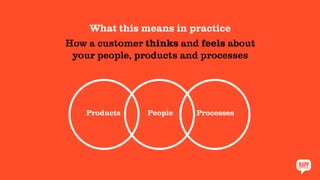 What this means in practice
How a customer thinks and feels about
your people, products and processes
Products People Processes
 