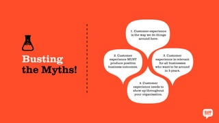 Busting
the Myths!
1. Customer experience
is the way we do things
around here.
2. Customer
experience MUST
produce positive
business outcomes.
3. Customer
experience is relevant
for all businesses
who want to be around
in 5 years.
4. Customer
experience needs to
show up throughout
your organisation.
 