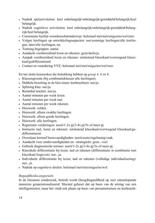 14
• Nadruk spelactiviteiten: heel onbelangrijk/onbelangrijk/gemiddeld/belangrijk/heel
belangrijk.
• Nadruk cognitieve activiteiten: heel onbelangrijk/onbelangrijk/gemiddeld/belang-
rijk/heel belangrijk.
• Consistente leerlijn woordenschatonderwijs: helemaal niet/niet/enigszins/wel/zeer.
• Volgen leerlingen op ontwikkelingsaspecten: nee/sommige leerlingen/alle leerlin-
gen, later/alle leerlingen, nu.
• Toetsing begrippen: aantal.
• Aandacht voorbereidend lezen en rekenen: geen/deels/ja.
• Aanpak voorbereidend lezen en rekenen: uitsluitend klassikaal/overwegend klassi-
kaal/gedifferentieerd.
• Contact en waardering VVE: helemaal niet/niet/enigszins/wel/zeer.
En ten slotte kenmerken die betrekking hebben op groep 4, 6 en 8:
• Klassengrootte (bij combinatieklassen alle leerlingen).
• Dubbele bezetting in de klas (meer leerkrachten): nee/ja.
• Splitsing klas: nee/ja.
• Remedial teacher: nee/ja.
• Aantal minuten per week lezen.
• Aantal minuten per week taal.
• Aantal minuten per week rekenen.
• Huiswerk: zelden.
• Huiswerk: alleen zwakke leerlingen.
• Huiswerk: alleen goede leerlingen.
• Huiswerk: alle leerlingen.
• Registratie vorderingen: nooit/1-2x pj/3-4x pj/5x of meer pj.
• Instructie taal, lezen en rekenen: uitsluitend klassikaal/overwegend klassikaal/ge-
differentieerd.
• Overslaan leerstof basisvaardigheden: nooit/soms/regelmatig/vaak.
• Aandacht voor studievaardigheden en –strategieën: geen...veel.
• Gebruik diagnostische toetsen: nooit/1-2x pj/3-4x pj/5x of meer pj.
• Klassikale differentiatie bij lezen, taal en rekenen (differentiatie in combinatie met
klassikaal lesgeven): nee...ja.
• Individuele differentiatie bij lezen, taal en rekenen (volledige individualisering):
nee...ja.
• Nadruk op cognitieve doelen: helemaal niet/niet/enigszins/wel.
Begaafdheidscategorieën
In de literatuur (onderzoek, beleid) wordt (hoog)begaafdheid op zeer uiteenlopende
manieren geoperationaliseerd. Meestal gebeurt dat op basis van de uitslag van een
intelligentietest, maar het vindt ook plaats op basis van prestatietoetsen en leerkracht-
 