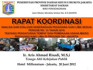 BIRO PEREKONOMIAN
          Jalan Medan Merdeka Selatan No. 8-9 JAKARTA




   Ir. Aris Ahmad Risadi, M.S,i
     Tenaga Ahli Kebijakan Publik
Hotel Millennium - Jakarta, 20 Juni 2012
                                                        1
 