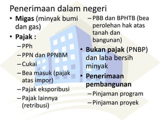 Penerimaan dalam negeri
• Migas (minyak bumi
dan gas)
• Pajak :
–PPh
–PPN dan PPNBM
–Cukai
–Bea masuk (pajak
atas impor)
–Pajak eksporibusi
–Pajak lainnya
(retribusi)
–PBB dan BPHTB (bea
perolehan hak atas
tanah dan
bangunan)
• Bukan pajak (PNBP)
dan laba bersih
minyak
• Penerimaan
pembangunan
–Pinjaman program
–Pinjaman proyek
 