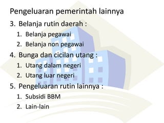 Pengeluaran pemerintah lainnya
3. Belanja rutin daerah :
1. Belanja pegawai
2. Belanja non pegawai
4. Bunga dan cicilan utang :
1. Utang dalam negeri
2. Utang luar negeri
5. Pengeluaran rutin lainnya :
1. Subsidi BBM
2. Lain-lain
 