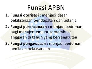 Fungsi APBN
1. Fungsi otorisasi : menjadi dasar
pelaksanaan pendapatan dan belanja
2. Fungsi perencanaan : menjadi pedoman
bagi manajemem untuk membuat
anggaran di tahun yang bersangkutan
3. Fungsi pengawasan : menjadi pedoman
penilaian pelaksanaan
 