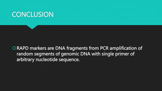 CONCLUSION
RAPD markers are DNA fragments from PCR amplification of
random segments of genomic DNA with single primer of
arbitrary nucleotide sequence.
 