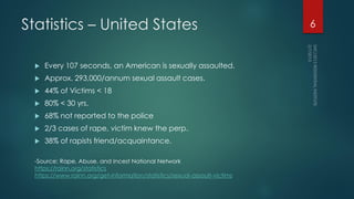 Statistics – United States
 Every 107 seconds, an American is sexually assaulted.
 Approx. 293,000/annum sexual assault cases.
 44% of Victims < 18
 80% < 30 yrs.
 68% not reported to the police
 2/3 cases of rape, victim knew the perp.
 38% of rapists friend/acquaintance.
-Source: Rape, Abuse, and Incest National Network
https://rainn.org/statistics
https://www.rainn.org/get-information/statistics/sexual-assault-victims
6
 
