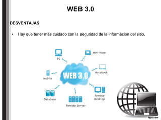 WEB 3.0
DESVENTAJAS
• Hay que tener más cuidado con la seguridad de la información del sitio.
 