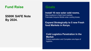 8
Fund Raise
$500K SAFE Note
By 2024.
Goals
Expand Strategically to 5 new Fresh
food Markets in Kenya.
Install 10 new sola...