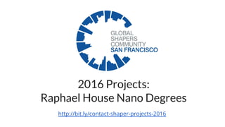 2016 Projects:
Raphael House Nano Degrees
http://bit.ly/contact-shaper-projects-2016
 