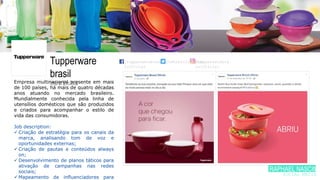 Tupperware
brasil
cozinhaEmpresa multinacional presente em mais
de 100 países, há mais de quatro décadas
anos atuando no mercado brasileiro.
Mundialmente conhecida pela linha de
utensílios domésticos que são produzidos
e criados para acompanhar o estilo de
vida das consumidoras.
Job description:
 Criação de estratégia para os canais da
marca, analisando tom de voz e
oportunidades externas;
 Criação de pautas e conteúdos always
on;
 Desenvolvimento de planos táticos para
ativação de campanhas nas redes
sociais;
 Mapeamento de influenciadores para
/tupperwarebras
iloficial
/twbrasiloficial/tupperwarebra
siloficial
RAPHAEL NASCIME
SOCIAL MEDIA
 