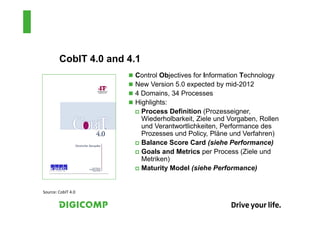 CobIT 4.0 and 4.1
                       Control Objectives for Information Technology
                       New Version 5.0 expected by mid-2012
                       4 Domains, 34 Processes
                       Highlights:
                         Process Definition (Prozesseigner,
                         Wiederholbarkeit, Ziele und Vorgaben, Rollen
                         und Verantwortlichkeiten, Performance des
                         Prozesses und Policy, Pläne und Verfahren)
                         Balance Score Card (siehe Performance)
                         Goals and Metrics per Process (Ziele und
                         Metriken)
                         Maturity Model (siehe Performance)


Source: CobIT 4.0
 