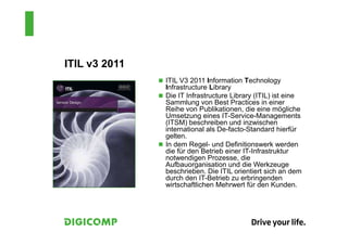 ITIL v3 2011
               ITIL V3 2011 Information Technology
               Infrastructure Library
               Die IT Infrastructure Library (ITIL) ist eine
               Sammlung von Best Practices in einer
               Reihe von Publikationen, die eine mögliche
               Umsetzung eines IT-Service-Managements
               (ITSM) beschreiben und inzwischen
               international als De-facto-Standard hierfür
               gelten.
               In dem Regel- und Definitionswerk werden
               die für den Betrieb einer IT-Infrastruktur
               notwendigen Prozesse, die
               Aufbauorganisation und die Werkzeuge
               beschrieben. Die ITIL orientiert sich an dem
               durch den IT-Betrieb zu erbringenden
               wirtschaftlichen Mehrwert für den Kunden.
 