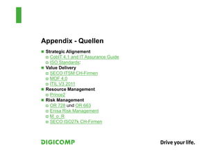 Appendix - Quellen
 Strategic Alignement
   CobIT 4.1 and IT Assurance Guide
   ISO Standards:
 Value Delivery
   SECO ITSM CH-Firmen
   MOF 4.0
   ITIL V3 2011
 Resource Management
   Prince2
 Risk Management
   OR 728 und OR 663
   Enisa Risk Management
   M_o_R
   SECO ISO27k CH-Firmen
 