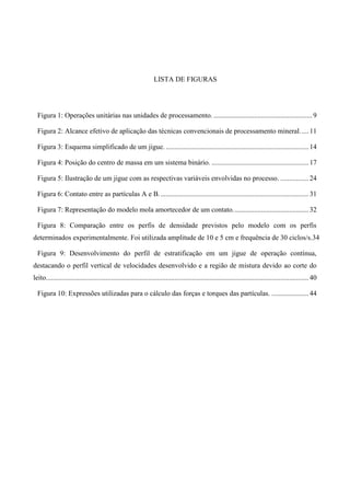 LISTA DE FIGURAS
Figura 1: Operações unitárias nas unidades de processamento.........................................................9
Figura 2: Alcance efetivo de aplicação das técnicas convencionais de processamento mineral.....11
Figura 3: Esquema simplificado de um jigue. .................................................................................14
Figura 4: Posição do centro de massa em um sistema binário. .......................................................17
Figura 5: Ilustração de um jigue com as respectivas variáveis envolvidas no processo. ................24
Figura 6: Contato entre as partículas A e B.....................................................................................31
Figura 7: Representação do modelo mola amortecedor de um contato...........................................32
Figura 8: Comparação entre os perfis de densidade previstos pelo modelo com os perfis
determinados experimentalmente. Foi utilizada amplitude de 10 e 5 cm e frequência de 30 ciclos/s.34
Figura 9: Desenvolvimento do perfil de estratificação em um jigue de operação contínua,
destacando o perfil vertical de velocidades desenvolvido e a região de mistura devido ao corte do
leito.....................................................................................................................................................40
Figura 10: Expressões utilizadas para o cálculo das forças e torques das partículas. .....................44
 