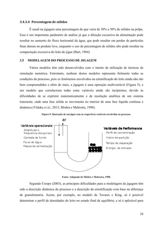 24
3.4.3.4 Percentagem de sólidos
É usual na jigagem uma percentagem de que varia de 30% a 50% de sólidos na polpa.
Esse é um importante parâmetro de análise já que a diluição excessiva da alimentação pode
resultar no aumento do fluxo horizontal da água, que pode resultar em perdas de partículas
finas densas no produto leve, enquanto o uso de percentagem de sólidos alto pode resultar na
compactação excessiva do leito do jigue (Burt, 1984).
3.5 MODELAGEM DO PROCESSO DE JIGAGEM
Vários modelos têm sido desenvolvidos com o intuito de utilização de técnicas de
simulação numérica. Entretanto, nenhum destes modelos representa fielmente todas as
condições do processo, pois os fenômenos envolvidos na estratificação do leito ainda não são
bem compreendidos e além do mais, a jigagem é uma operação multivariável (Figura 5), e
um modelo que correlaciona todas estas variáveis ainda são incipientes, devido às
dificuldades de se exprimir matematicamente e de resolução analítica de um sistema
transiente, onde uma fase sólida se movimenta no interior de uma fase líquida contínua e
dinâmica (Viduka et al., 2013; Mishra e Mehrotra, 1998).
Figura 5: Ilustração de um jigue com as respectivas variáveis envolvidas no processo.
Fonte: Adaptado de Mishra e Mehrotra, 1998.
Segundo Crespo (2003), as principais dificuldades para a modelagem da jigagem têm
sido a descrição dinâmica do processo e a descrição da estratificação com base na diferença
de granulometria. Assim, por exemplo, no modelo de Tavares e King, só é possível
determinar o perfil de densidades do leito no estado final de equilíbrio, e só é aplicável para
 