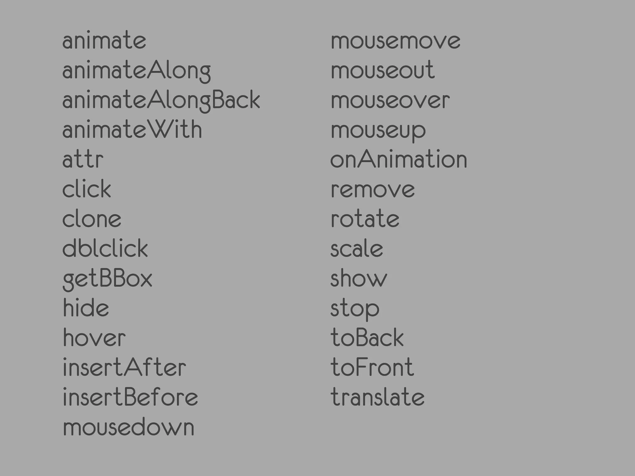animate            mousemove
animateAlong       mouseout
animateAlongBack   mouseover
animateWith        mouseup
attr               onAnimation
click              remove
clone              rotate
dblclick           scale
getBBox            show
hide               stop
hover              toBack
insertAfter        toFront
insertBefore       translate
mousedown
 