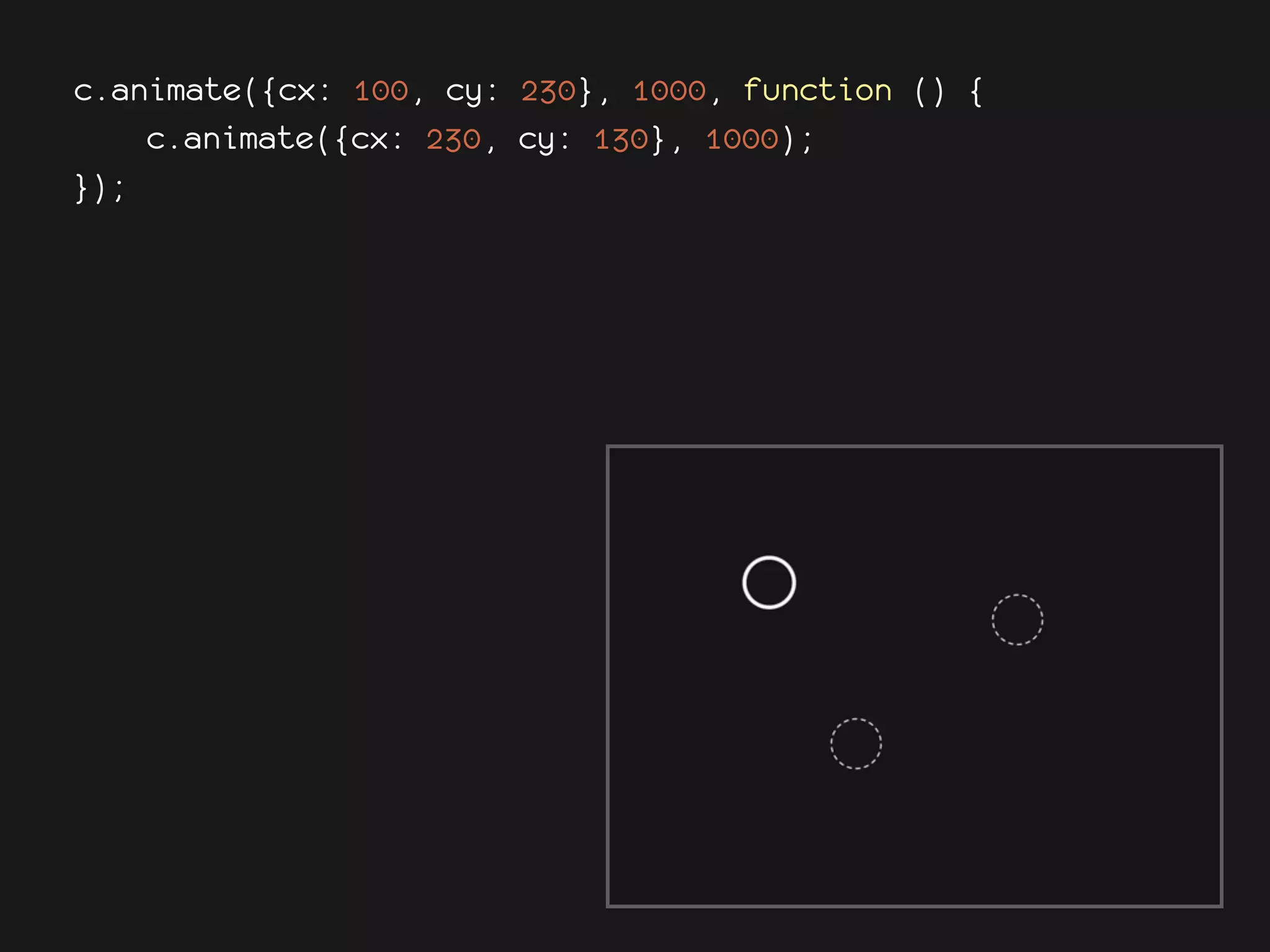 c.animate({cx: 100, cy: 230}, 1000, function () {
    c.animate({cx: 230, cy: 130}, 1000);
});
 