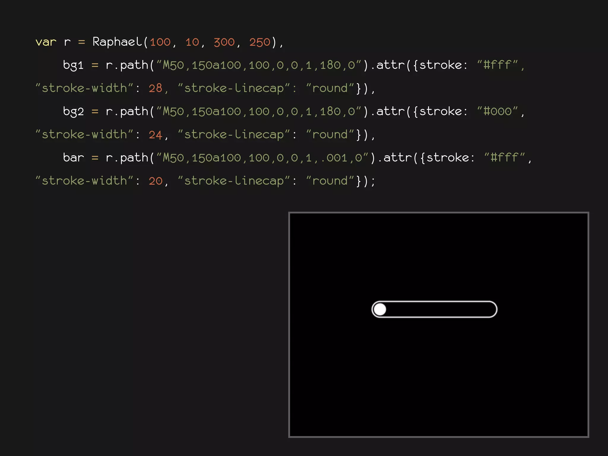 var r = Raphael(100, 10, 300, 250),
    bg1 = r.path("M50,150a100,100,0,0,1,180,0").attr({stroke: "#fff",
"stroke-width": 28, "stroke-linecap": "round"}),
    bg2 = r.path("M50,150a100,100,0,0,1,180,0").attr({stroke: "#000",
"stroke-width": 24, "stroke-linecap": "round"}),
    bar = r.path("M50,150a100,100,0,0,1,.001,0").attr({stroke: "#fff",
"stroke-width": 20, "stroke-linecap": "round"});
 