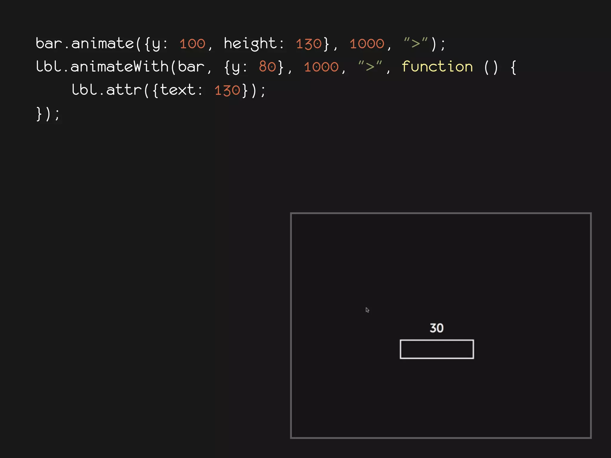 bar.animate({y: 100, height: 130}, 1000, ">");
lbl.animateWith(bar, {y: 80}, 1000, ">", function () {
    lbl.attr({text: 130});
});
 