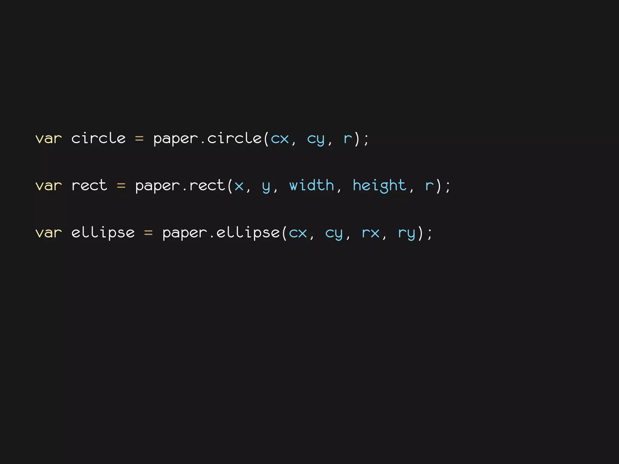 var circle = paper.circle(cx, cy, r);

var rect = paper.rect(x, y, width, height, r);

var ellipse = paper.ellipse(cx, cy, rx, ry);
 