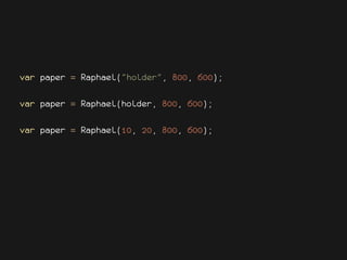 var paper = Raphael("holder", 800, 600);

var paper = Raphael(holder, 800, 600);

var paper = Raphael(10, 20, 800, 600);
 