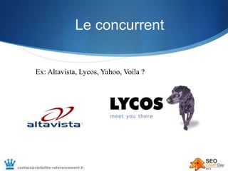 Le concurrent
Ex: Altavista, Lycos, Yahoo, Voila ?
contact@visibilite-referencement.fr
 