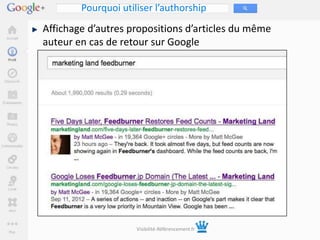Pourquoi utiliser l’authorship
Affichage d’autres propositions d’articles du même
auteur en cas de retour sur Google




                     Visibilité-Référencement.fr
 
