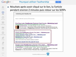 Pourquoi utiliser l’authorship
Résultats après avoir cliqué sur le lien, lu l’article
pendant environ 2 minutes puis retour sur les SERPs




                     Visibilité-Référencement.fr
 
