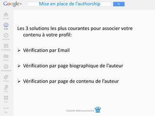 Mise en place de l’authorship



Les 3 solutions les plus courantes pour associer votre
  contenu à votre profil:

 Vérification par Email


 Vérification par page biographique de l’auteur


 Vérification par page de contenu de l’auteur




                      Visibilité-Référencement.fr
 