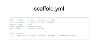 scaffold.yml
static_paths : [ css/, js/, fonts/, img/ ]
private_paths : [ private/, scaffold.yml ]
default_ext : html
landing_page : recent_posts
not_found : private/404.html
view_wrappers:
- { path: post/, type: include, wrapper: private/post.html }
 