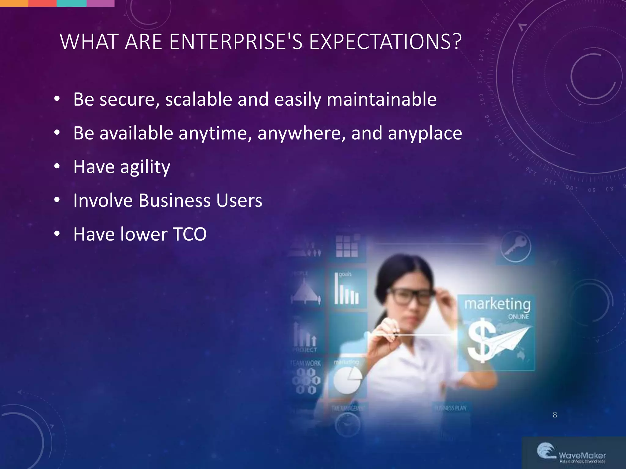 WHAT ARE ENTERPRISE'S EXPECTATIONS?
• Be secure, scalable and easily maintainable
• Be available anytime, anywhere, and anyplace
• Have agility
• Involve Business Users
• Have lower TCO
8
 