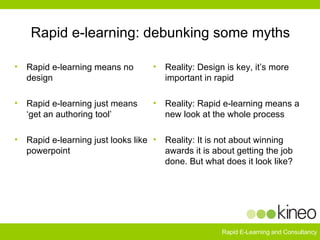 Rapid e-learning: debunking some myths <ul><li>Rapid e-learning means no design  </li></ul><ul><li>Rapid e-learning just m...