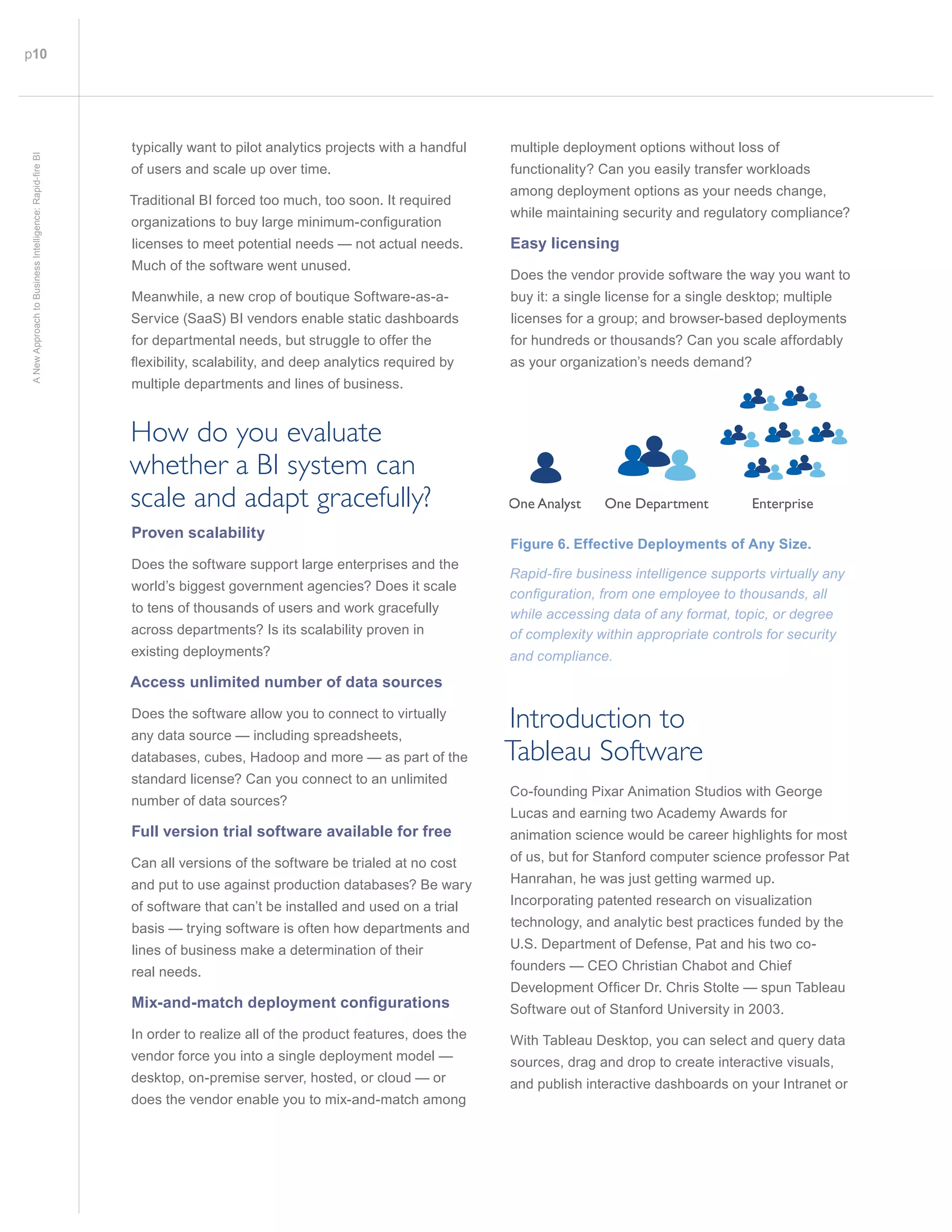 p10
ANewApproachtoBusinessIntelligence:Rapid-fireBI
typically want to pilot analytics projects with a handful
of users and scale up over time.
Traditional BI forced too much, too soon. It required
organi ations to u large ini u -configuration
licenses to meet potential needs — not actual needs.
Much of the software went unused.
Meanwhile, a new crop of boutique Software-as-a-
Service (SaaS) BI vendors enable static dashboards
for departmental needs, but struggle to offer the
e i ilit scala ilit and deep anal tics re uired
multiple departments and lines of business.
How do you evaluate
whether a BI system can
scale and adapt gracefully?
Proven scalability
Does the software support large enterprises and the
world’s biggest government agencies? Does it scale
to tens of thousands of users and work gracefully
across departments? Is its scalability proven in
existing deployments?
Access unlimited number of data sources
Does the software allow you to connect to virtually
any data source — including spreadsheets,
databases, cubes, Hadoop and more — as part of the
standard license? Can you connect to an unlimited
number of data sources?
Full version trial software available for free
Can all versions of the software be trialed at no cost
and put to use against production databases? Be wary
of software that can’t be installed and used on a trial
basis — trying software is often how departments and
lines of business make a determination of their
real needs.
Mix-and-match deployment configurations
In order to realize all of the product features, does the
vendor force you into a single deployment model —
desktop, on-premise server, hosted, or cloud — or
does the vendor enable you to mix-and-match among
multiple deployment options without loss of
functionality? Can you easily transfer workloads
among deployment options as your needs change,
while maintaining security and regulatory compliance?
Easy licensing
Does the vendor provide software the way you want to
buy it: a single license for a single desktop; multiple
licenses for a group; and browser-based deployments
for hundreds or thousands? Can you scale affordably
as your organization’s needs demand?
One Analyst One Department Enterprise
Figure 6. Effective Deployments of Any Size.
Rapid-fire business intelligence supports virtually any
configuration, from one employee to thousands, all
while accessing data of any format, topic, or degree
of complexity within appropriate controls for security
and compliance.
Introduction to
Tableau Software
Co-founding Pixar Animation Studios with George
Lucas and earning two Academy Awards for
animation science would be career highlights for most
of us, but for Stanford computer science professor Pat
Hanrahan, he was just getting warmed up.
Incorporating patented research on visualization
technology, and analytic best practices funded by the
U.S. Department of Defense, Pat and his two co-
founders — CEO Christian Chabot and Chief
e elop ent ficer r hris tolte spun a leau
Software out of Stanford University in 2003.
With Tableau Desktop, you can select and query data
sources, drag and drop to create interactive visuals,
and publish interactive dashboards on your Intranet or
 