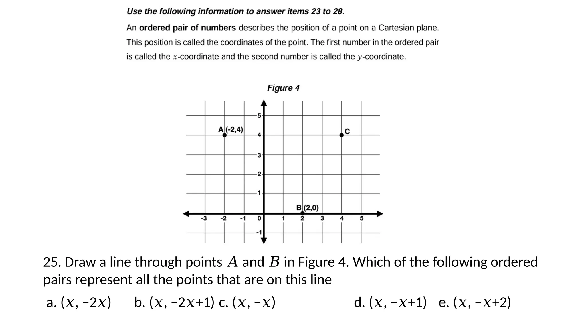 25. Draw a line through points and in Figure 4. Which of the following ordered
𝐴 𝐵
pairs represent all the points that are on this line
a. ( , −2 )
𝑥 𝑥 b. ( , −2 +1)
𝑥 𝑥 c. ( , − )
𝑥 𝑥 d. ( , − +1)
𝑥 𝑥 e. ( , − +2)
𝑥 𝑥
 