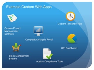 Example Custom Web Apps



                                              Custom Timesheet App
Custom Project
Management
Software

                 Competitor Analysis Portal


                                                 KPI Dashboard


   Stock Management
   System
                           Audit & Compliance Tools
 