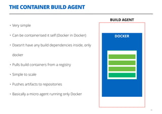 THE CONTAINER BUILD AGENT
30
BUILD AGENT
DOCKER
• Very simple
• Can be containerised it self (Docker in Docker)
• Doesn't have any build dependencies inside, only
docker
• Pulls build containers from a registry
• Simple to scale
• Pushes artifacts to repositories
• Basically a micro agent running only Docker
 