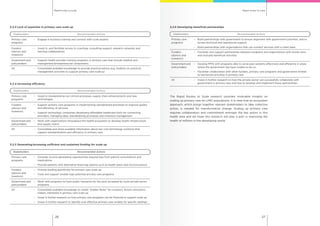 Rapid routes to scaleRapid routes to scale
2726
Stakeholders Recommended Actions
Primary care
programs
–	 Engage in business training and connect with scale experts
Funders
(donors and
investors)
–	 Invest in, and facilitate access to coaching, consulting support, research networks and
learning collaboratives
Government and
policymakers
–	 Support health provider training programs in primary care that include medical and
management/entrepreneurial components
All –	 Consolidate available knowledge to provide practical advice (e.g. toolkits) on practical
management activities to support primary care scale up
Stakeholders Recommended Actions
Primary care
programs
–	 Invest in standardizing non clinical processes, supply chain enhancements and new
technologies
Funders
(donors and
investors)
–	 Support primary care programs in implementing standardized processes to improve quality
and efficiency of services
–	 Support technology companies developing affordable healthcare tools for connecting
providers, managing data, standardizing processes and inventory management
Government and
policymakers
–	 Work with organizations throughout the health ecosystem to develop health infrastructure
and supply chains
All –	 Consolidate and share available information about low cost technology solutions that
support standardization and efficiency in primary care
5.2.3 Lack of expertise in primary care scale up
5.2.4 Increasing efficiency
5.2.5 Generating/accessing sufficient and sustained funding for scale up
Stakeholders Recommended Actions
Primary care
programs
–	 Consider income generating opportunities beyond fees from patient consultations and
medications
–	 Provide patients with alternative financing options such as health plans and microinsurance
Funders
(donors and
investors)
–	 Provide funding specifically for primary care scale up
–	 Fund and support smaller high potential primary care programs
Government and
policymakers
–	 Work with programs to have public insurance for the poor accepted by more private sector
programs
All –	 Consolidate available knowledge to create “Golden Rules” for investors, donors and policy
makers interested in primary care scale up
–	 Invest in further research on how primary care programs can be financed to support scale up
–	 Invest in further research to identify cost effective primary care models for specific settings
5.2.6 Developing beneficial partnerships
The Rapid Routes to Scale research provides invaluable insights on
scaling up primary care for LMIC populations. It is clear that an ecosystem
approach, which brings together relevant stakeholders to take collective
action, is needed for transformative change. Scaling up primary care
requires collaboration and commitment amongst the key actors in this
health area and we hope this research will play a part in improving the
health of millions in the developing world.
Stakeholders Recommended Actions
Primary care
programs
–	 Build partnerships with government to ensure alignment with government priorities, and to
access technical and operational support
–	 Build partnerships with organizations that can connect services with a client base
Funders
(donors and
investors)
–	 Facilitate and support partnerships between programs and organizations with similar aims
and mutually beneficial activities
Government and
policymakers
–	 Develop PPPs with programs able to serve poor patients effectively and efficiently in areas
where the government has been unable to do so
–	 Facilitate collaboration with other funders, primary care programs and government entities
to harmonize activities in primary care
All –	 Invest in further research on how the private sector can successfully collaborate with
government in primary care and how to develop and implement these partnerships
 