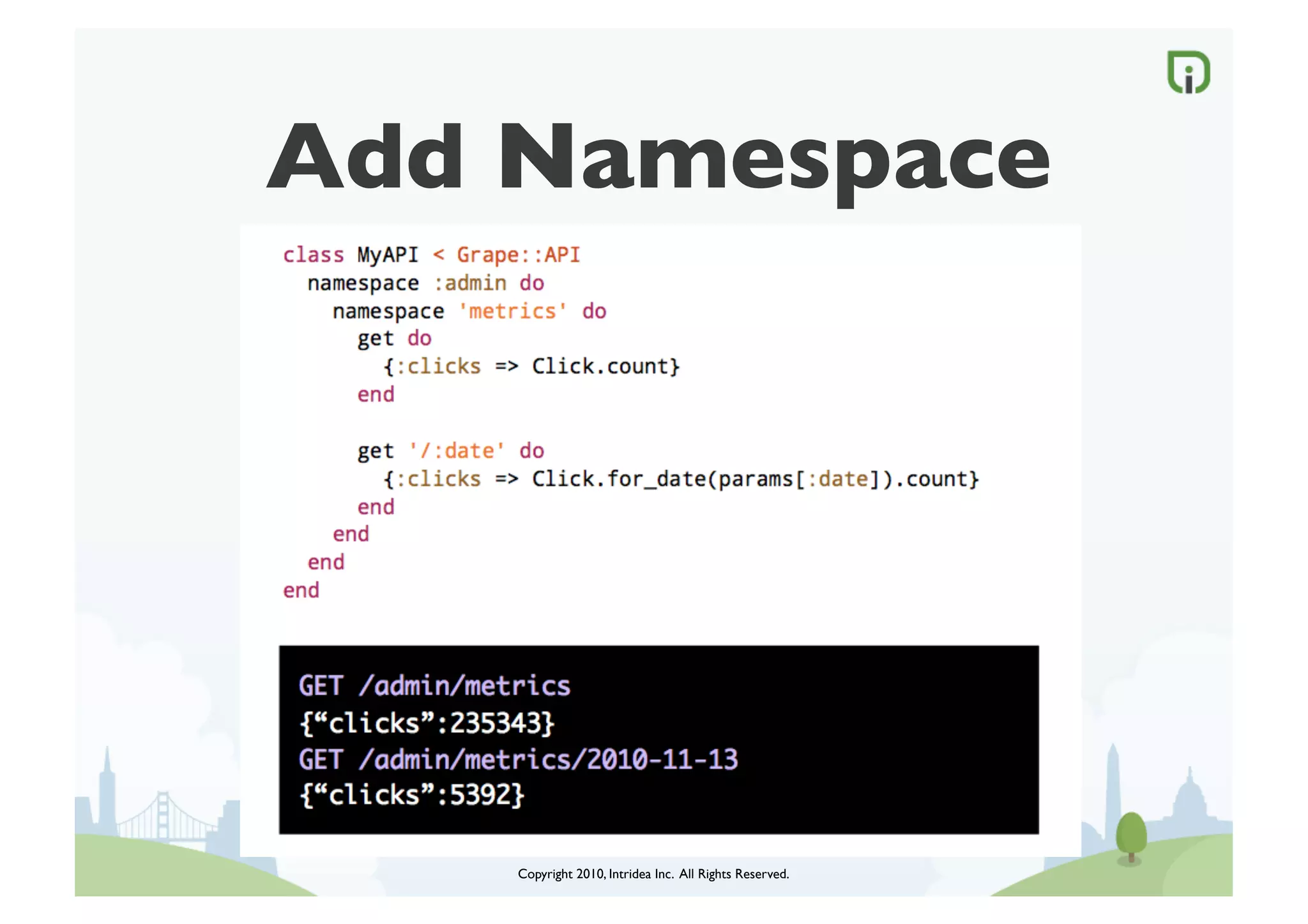 Add Namespace




     Copyright 2010, Intridea Inc. All Rights Reserved.	

 