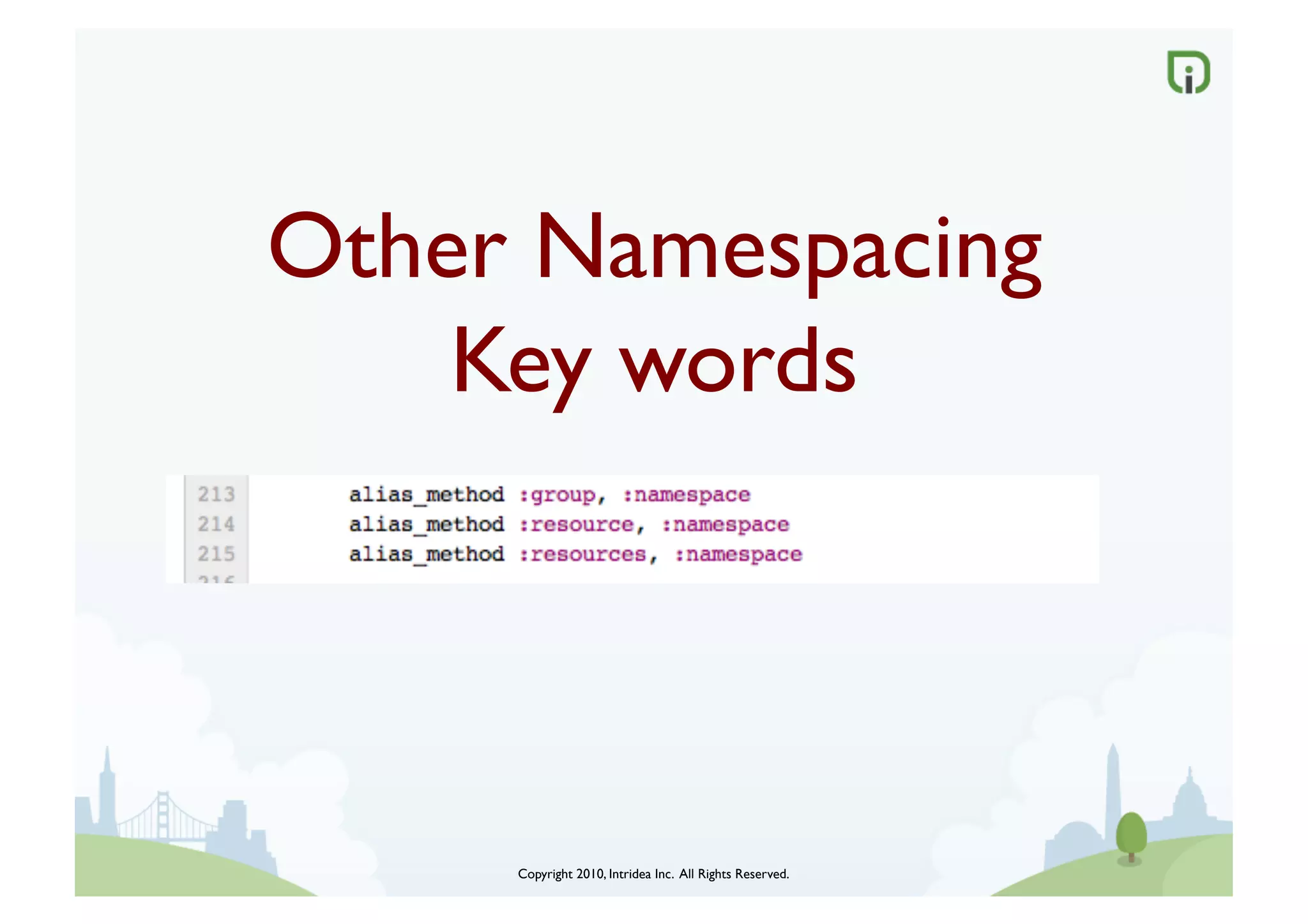 Other Namespacing 
    Key words	





      Copyright 2010, Intridea Inc. All Rights Reserved.	

 