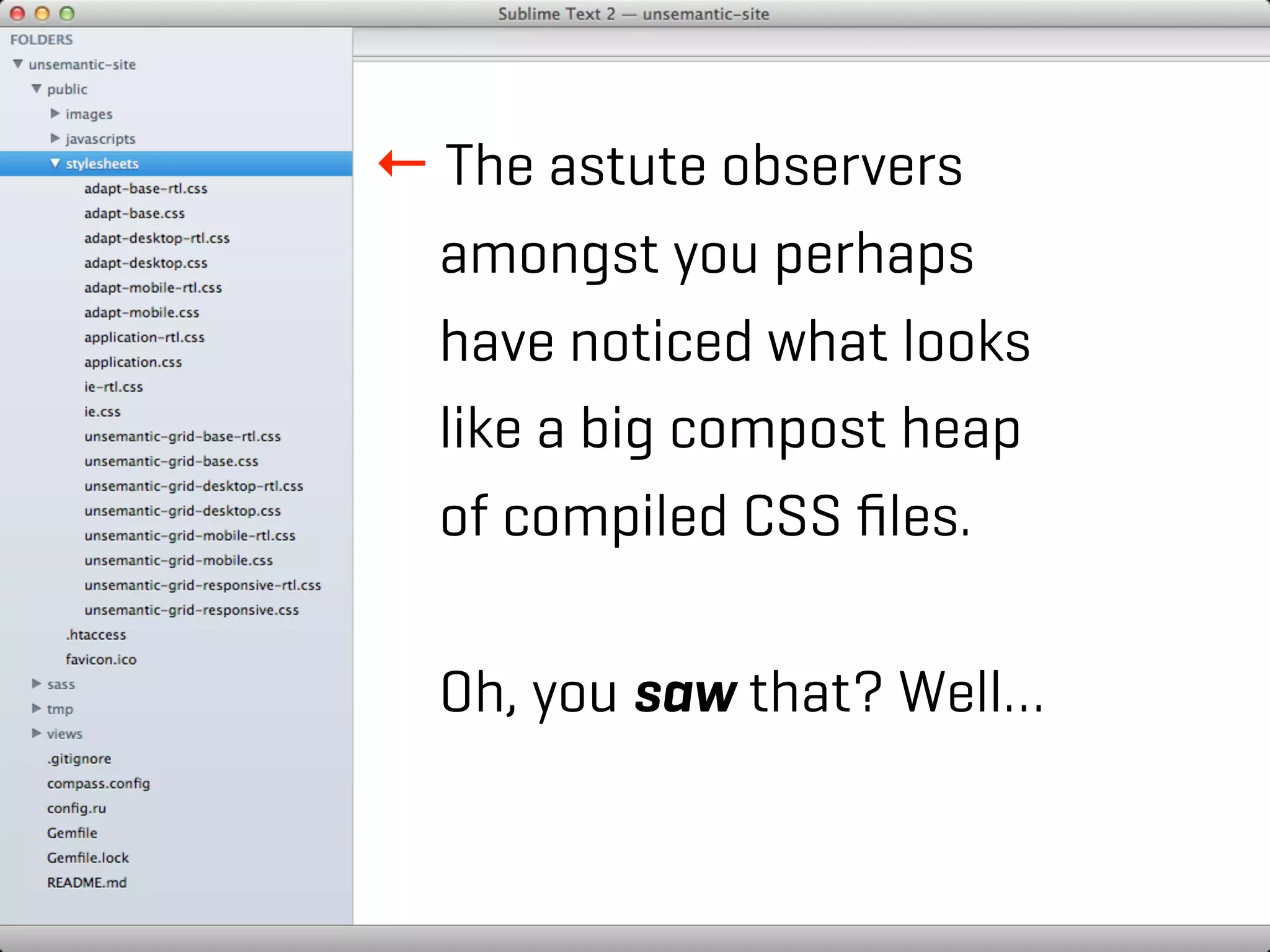 ← The astute observers
  amongst you perhaps
  have noticed what looks
  like a big compost heap
  of compiled CSS ﬁles.

  Oh, you saw that? Well…
 
