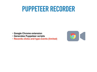 PUPPETEER RECORDER
• Google Chrome extension
• Generates Puppeteer scripts
• Records clicks and type events (limited)
 