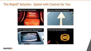 The Rapid7 Solution: Speed with Control for You
12
Brain-dead Simple Remediation Time-Saving Automation
 