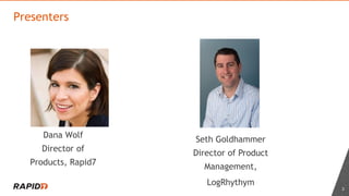 Dana Wolf
Director of
Products, Rapid7
Presenters
2
Seth Goldhammer
Director of Product
Management,
LogRhythym
 