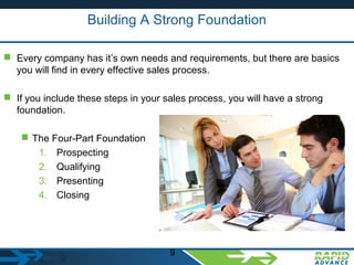 9
Building A Strong Foundation
 Every company has it’s own needs and requirements, but there are basics
you will find in every effective sales process.
 If you include these steps in your sales process, you will have a strong
foundation.
 The Four-Part Foundation
1. Prospecting
2. Qualifying
3. Presenting
4. Closing
 