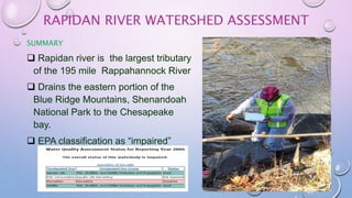 RAPIDAN RIVER WATERSHED ASSESSMENT
SUMMARY
 Rapidan river is the largest tributary
of the 195 mile Rappahannock River
 Drains the eastern portion of the
Blue Ridge Mountains, Shenandoah
National Park to the Chesapeake
bay.
 EPA classification as “impaired”
 