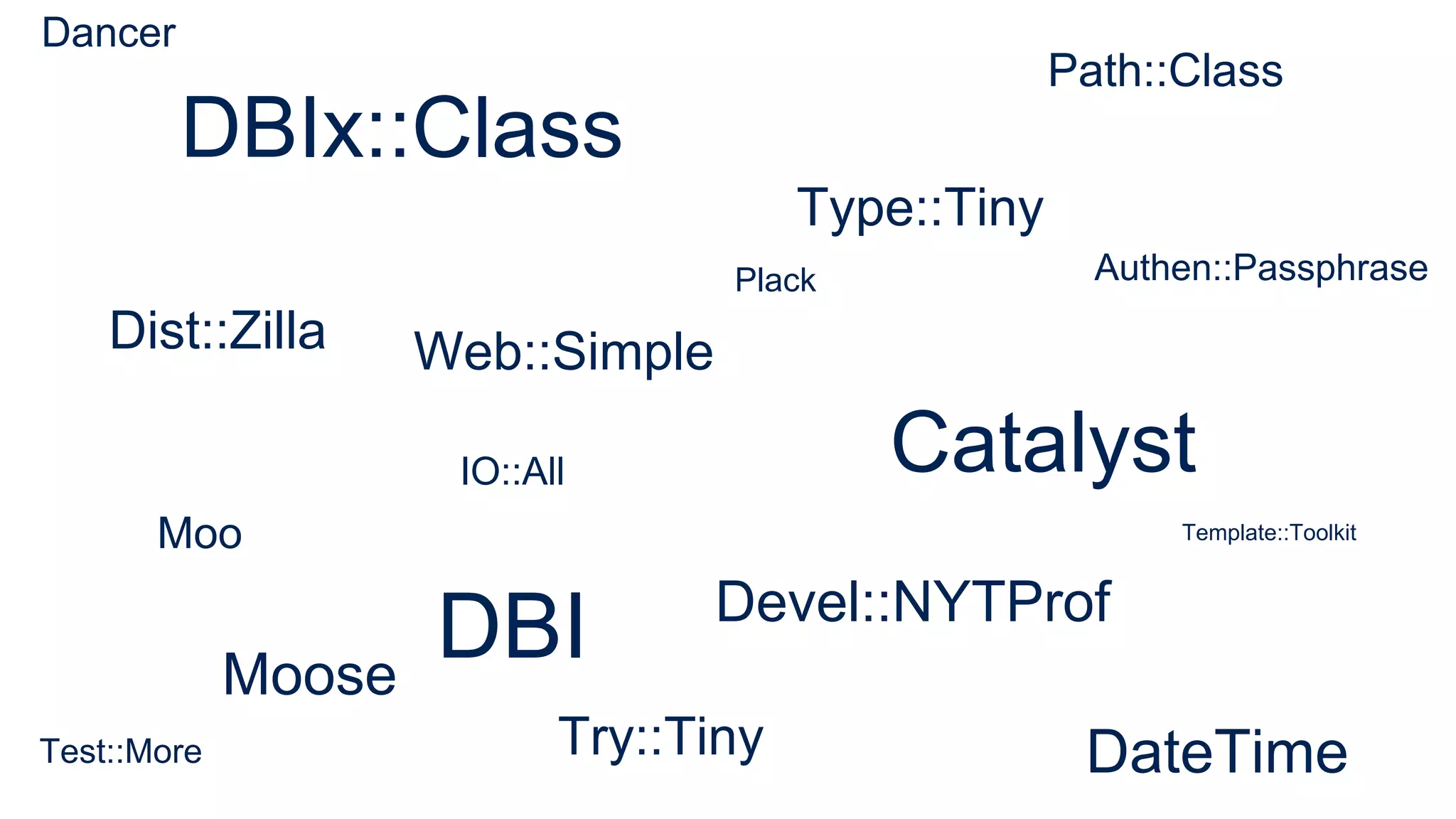 Catalyst
Moose
DBIx::Class
Devel::NYTProf
IO::All
Type::Tiny
Moo
Try::Tiny DateTime
Dist::Zilla
Plack
Path::Class
Web::Simple
Authen::Passphrase
Test::More
Template::Toolkit
DBI
Dancer
 