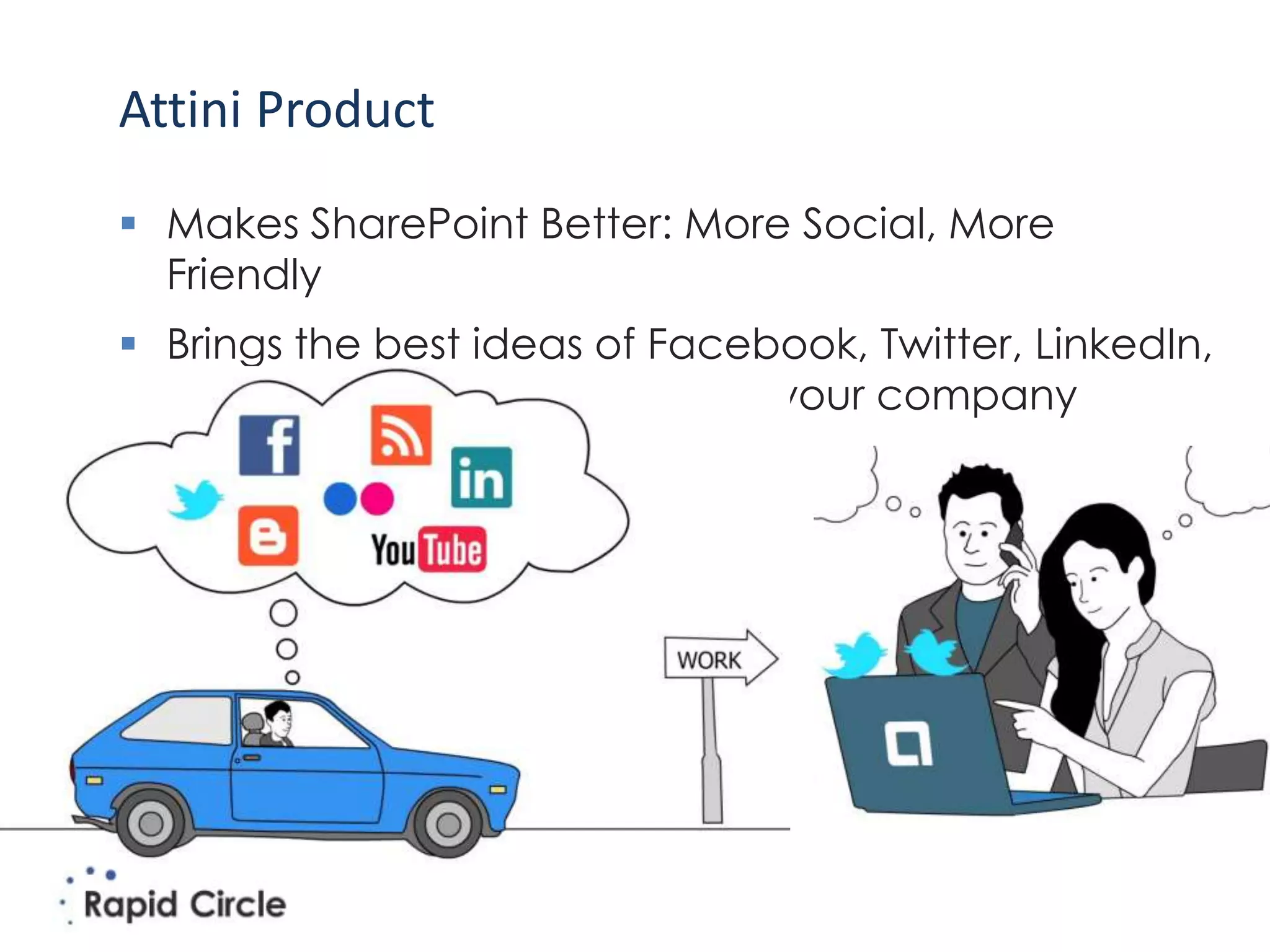 Attini Product
 Makes SharePoint Better: More Social, More
  Friendly
 Brings the best ideas of Facebook, Twitter, LinkedIn,
  Youtube and Foursquare into your company
  platform
 